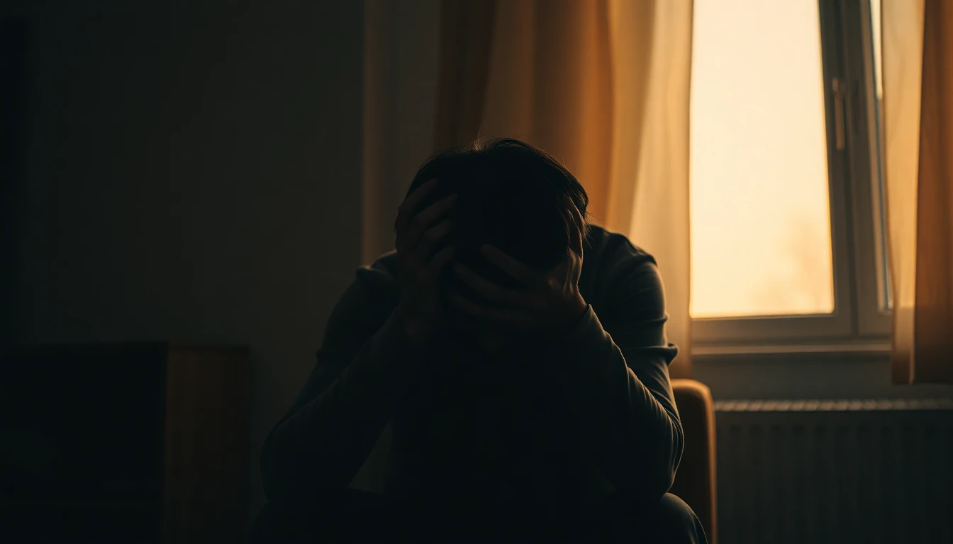 Unavený muž sedící sám v pokoji - burnout a vyčerpání