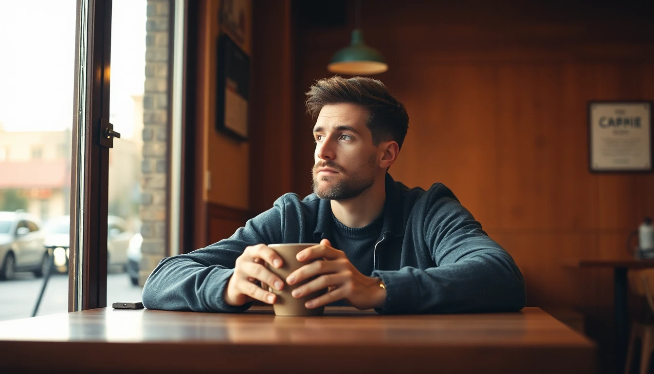 Zamyšlený muž sedí v kavárně a přemýšlí o svých emocích - emoční inteligence pro muže