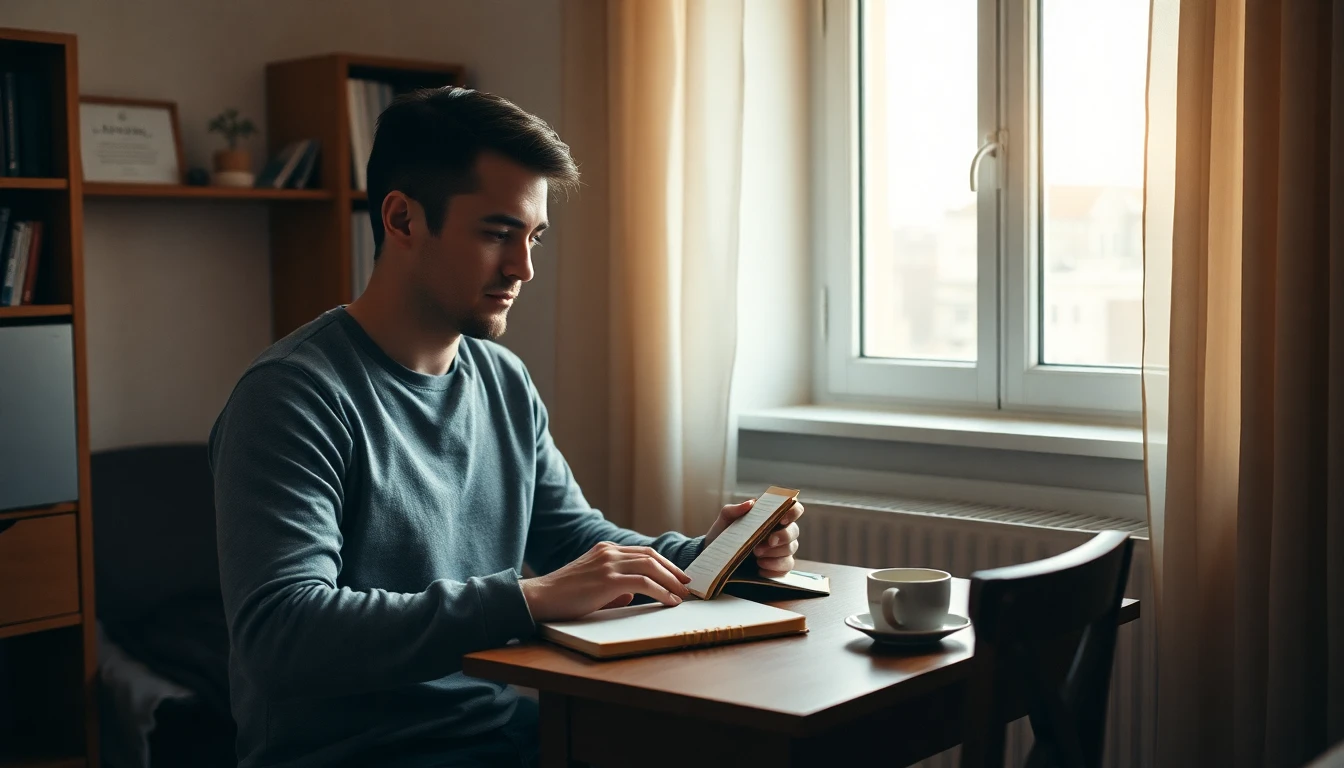 Muž sedící u stolu v klidném bytě přemýšlí o financích