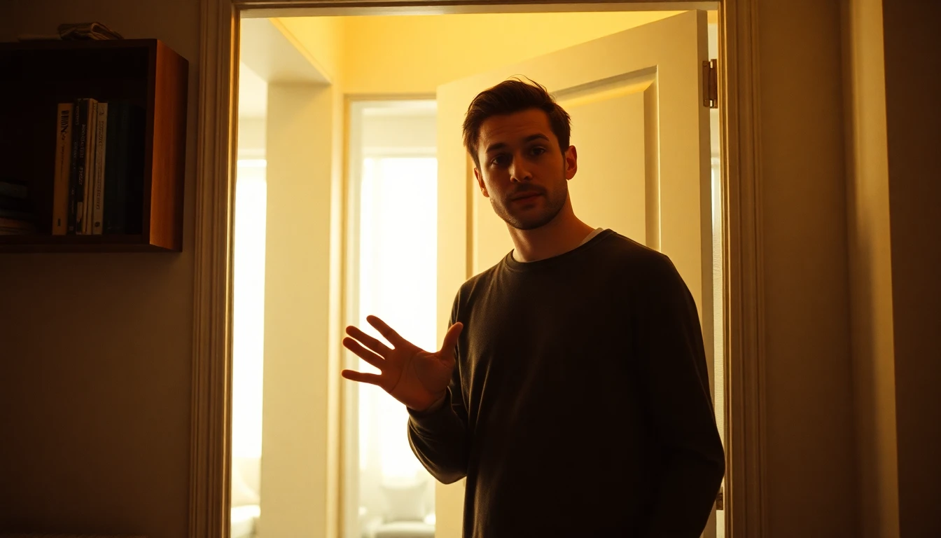 Muž v klidném bytě přemýšlí o stanovení hranic - teplé amber tóny