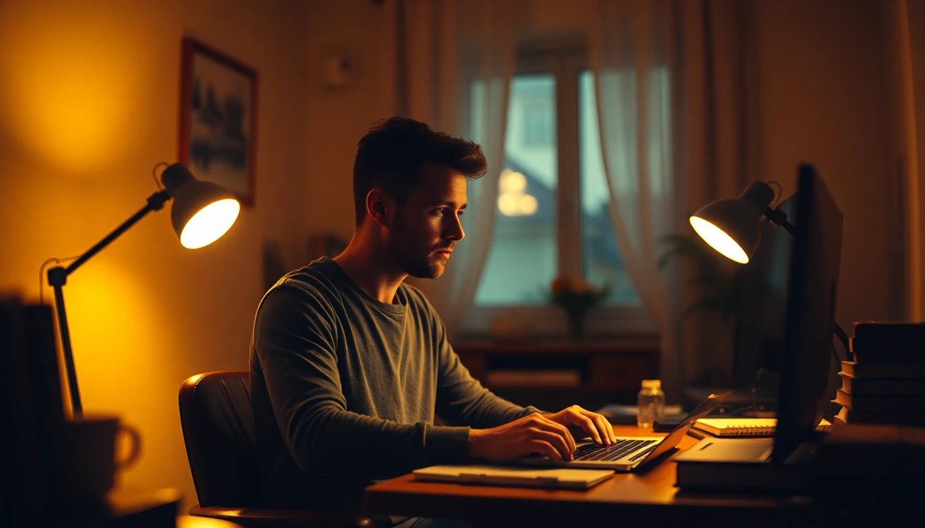 Muž sedící u počítače v noci - perfekcionismus a snaha o dokonalost