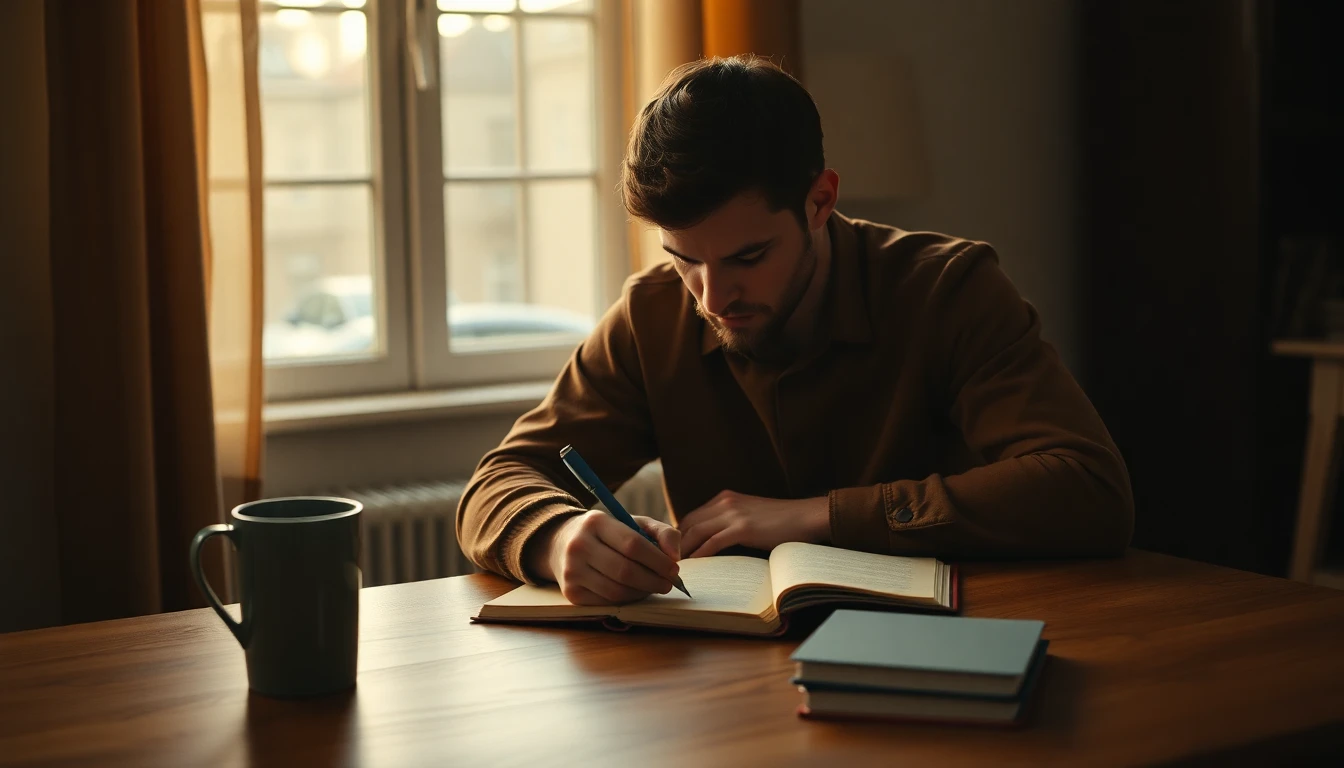 Muž píše do deníku ranní rutina sebedisciplína produktivita