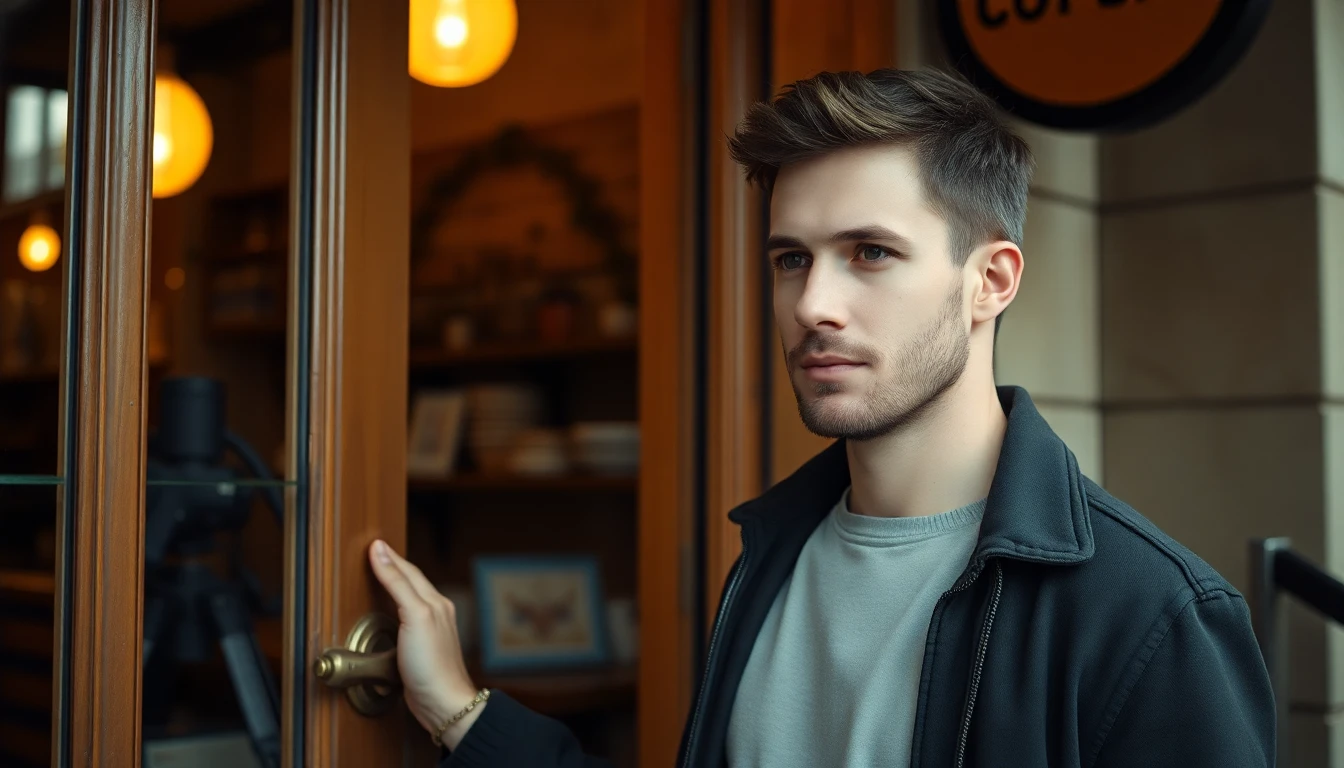 Muž přemýšlivě stojí před kavárnou - sociální úzkost