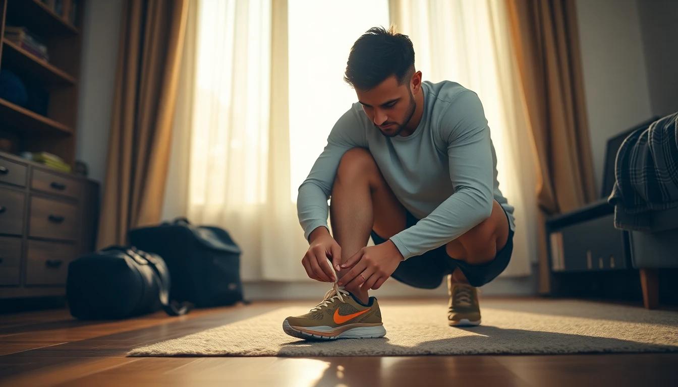 Muž si zavazuje běžecké boty - návrat ke sportu po pauze