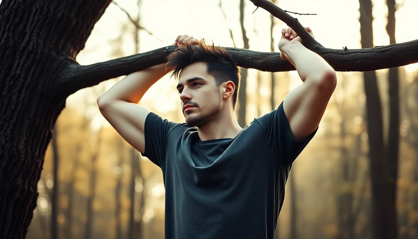 Muž cvičí venkovní trénink v přírodě - pull-upy na stromě v parku