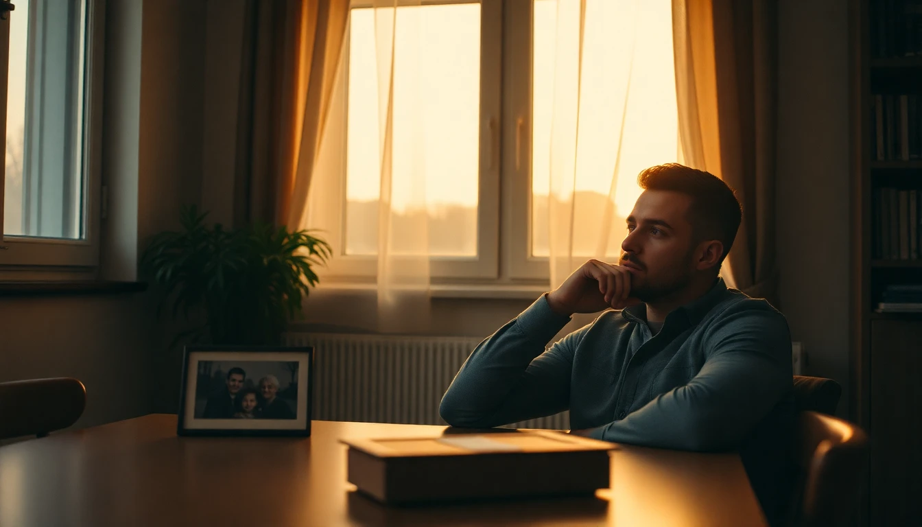 Muž v třiceti letech přemýšlí o vztahu se svým otcem u staré rodinné fotografie