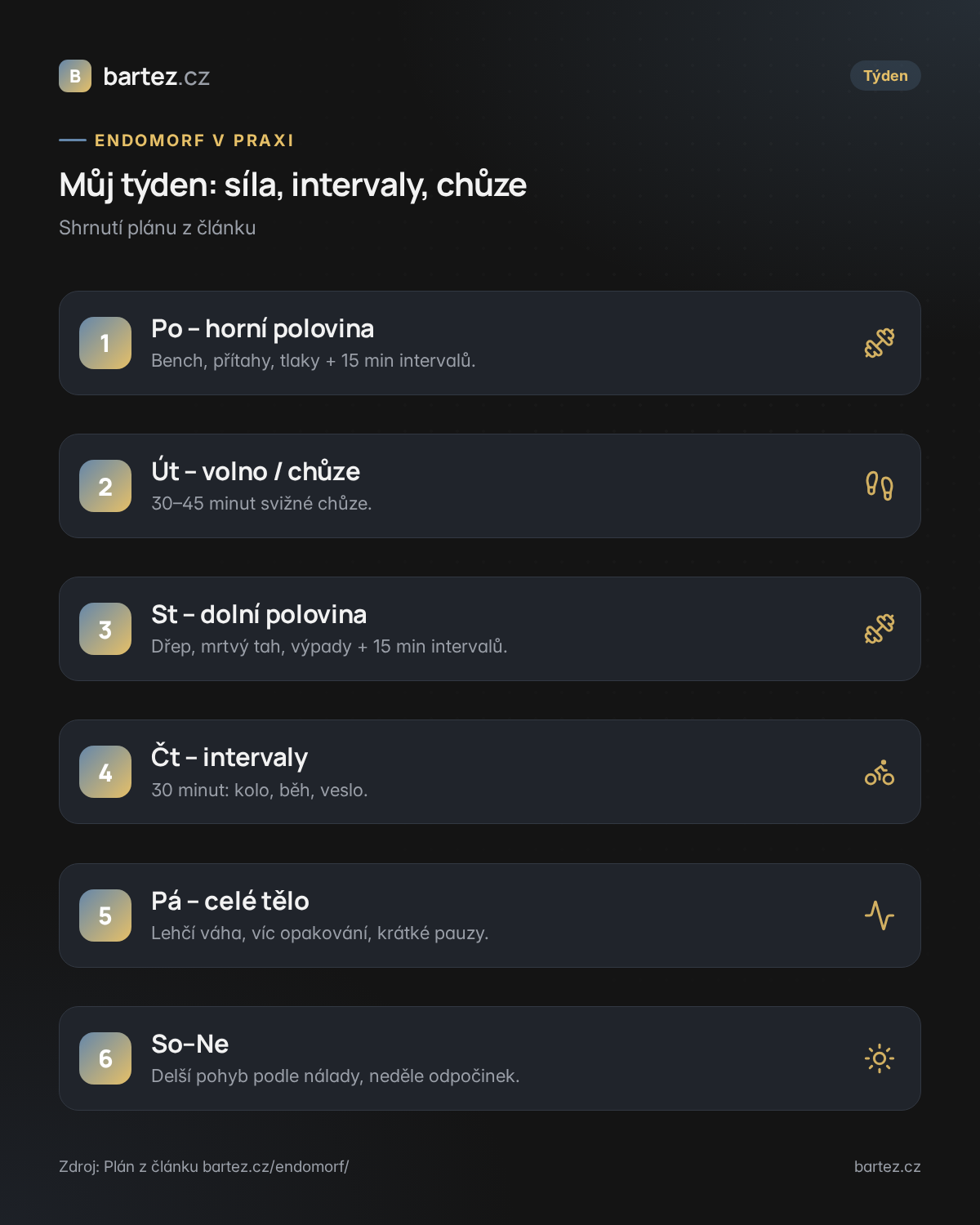 Týdenní plán endomorfa: síla, intervaly, chůze