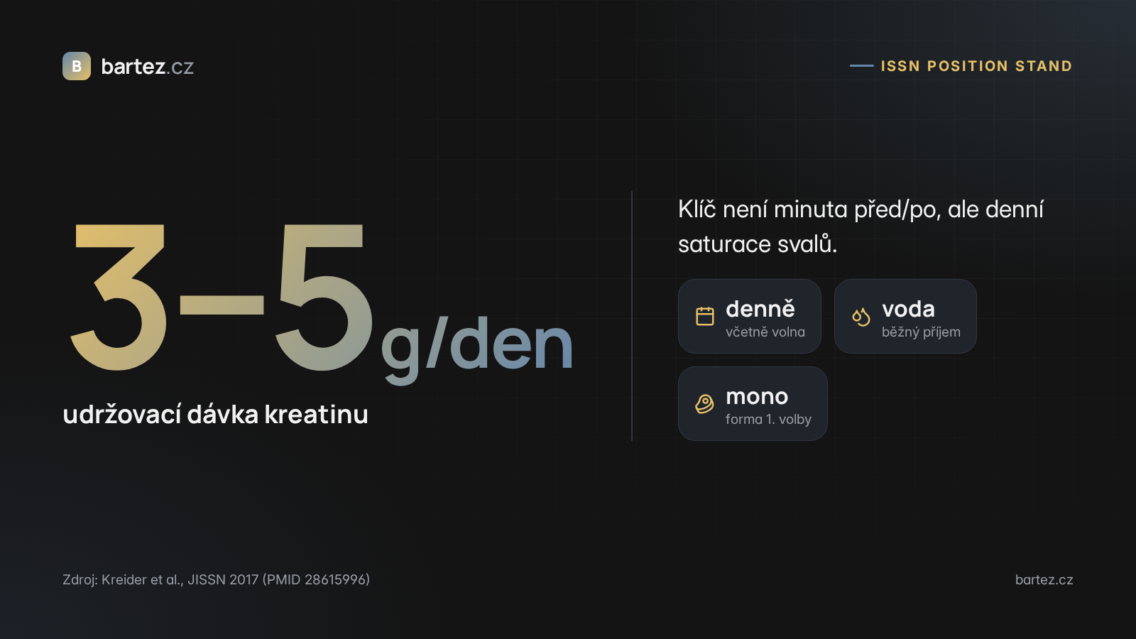 ISSN: udržovací dávka kreatinu 3–5 g denně — konzistence je klíč